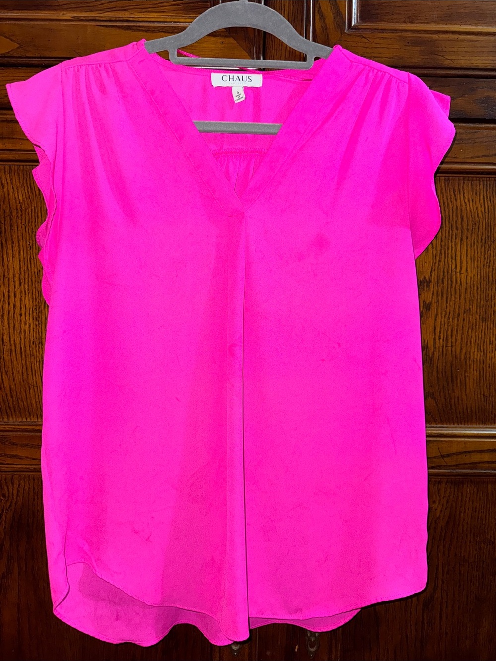 Chaus Hot Pink V-Neck Flutter Sleeve Blouse